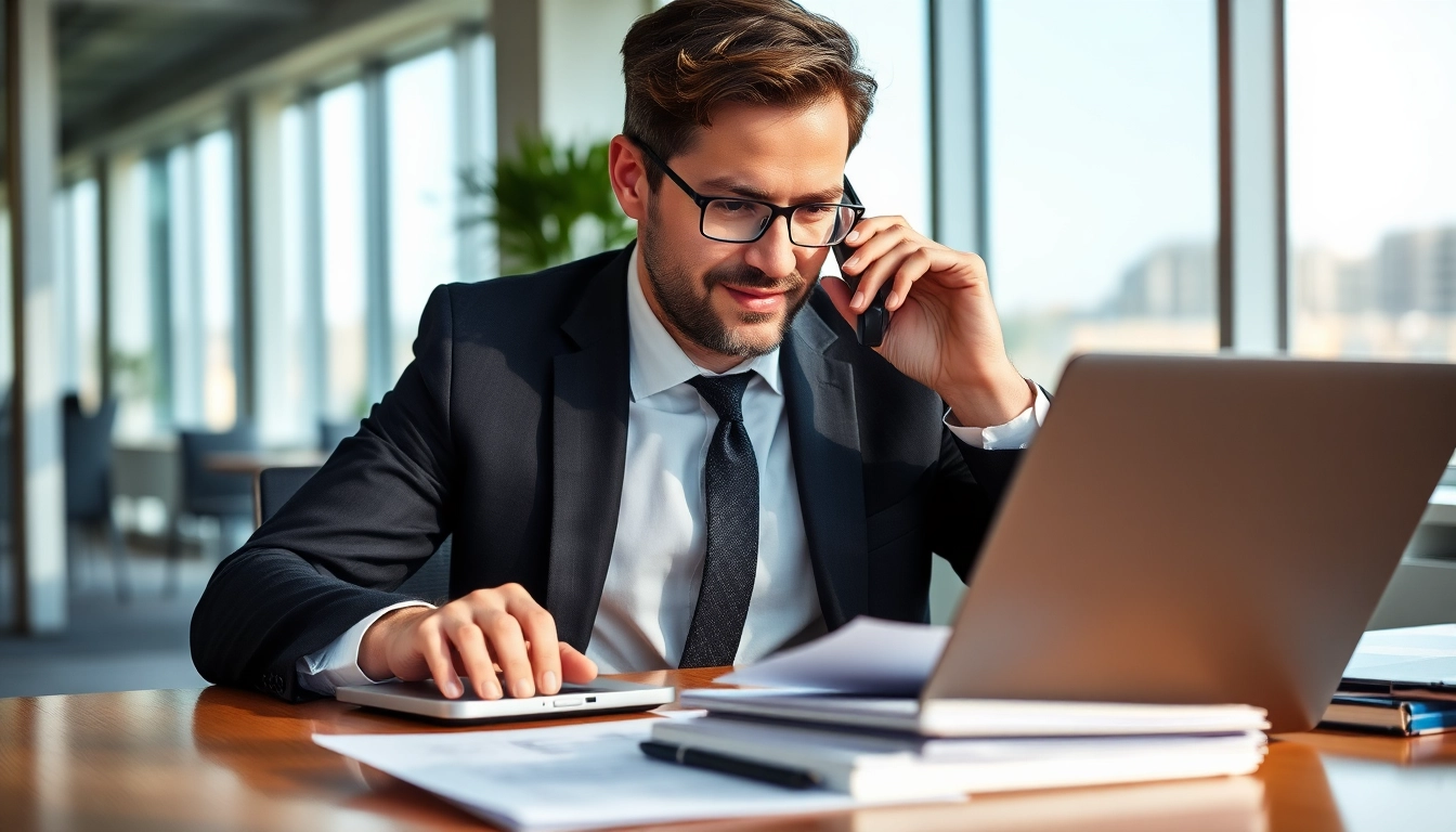 Headhunter in einem modernen Büro, der professionell telefoniert und Akten durchblättert.