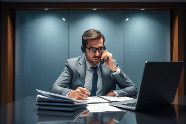 Der ultimative Leitfaden fĂŒr Headhunter: Strategien und Tipps Headhunter fĂŒhrt ein intensives Telefonat bei der Arbeit am Schreibtisch.