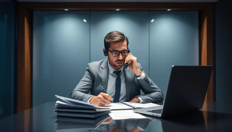 Headhunter führt ein intensives Telefonat bei der Arbeit am Schreibtisch.