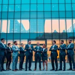 Professionelle Headhunter Dresden interagieren vor einem modernen Bürogebäude.