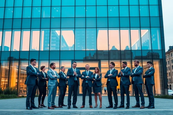 Professionelle Headhunter Dresden interagieren vor einem modernen Bürogebäude.