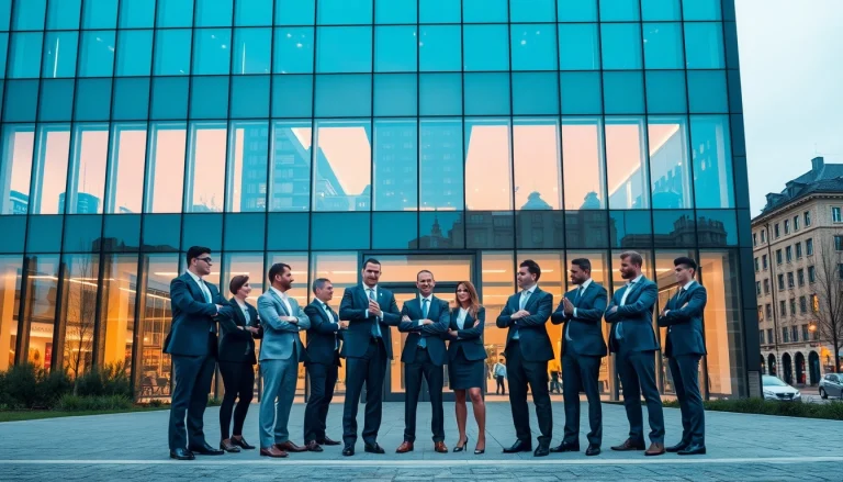 Professionelle Headhunter Dresden interagieren vor einem modernen Bürogebäude.