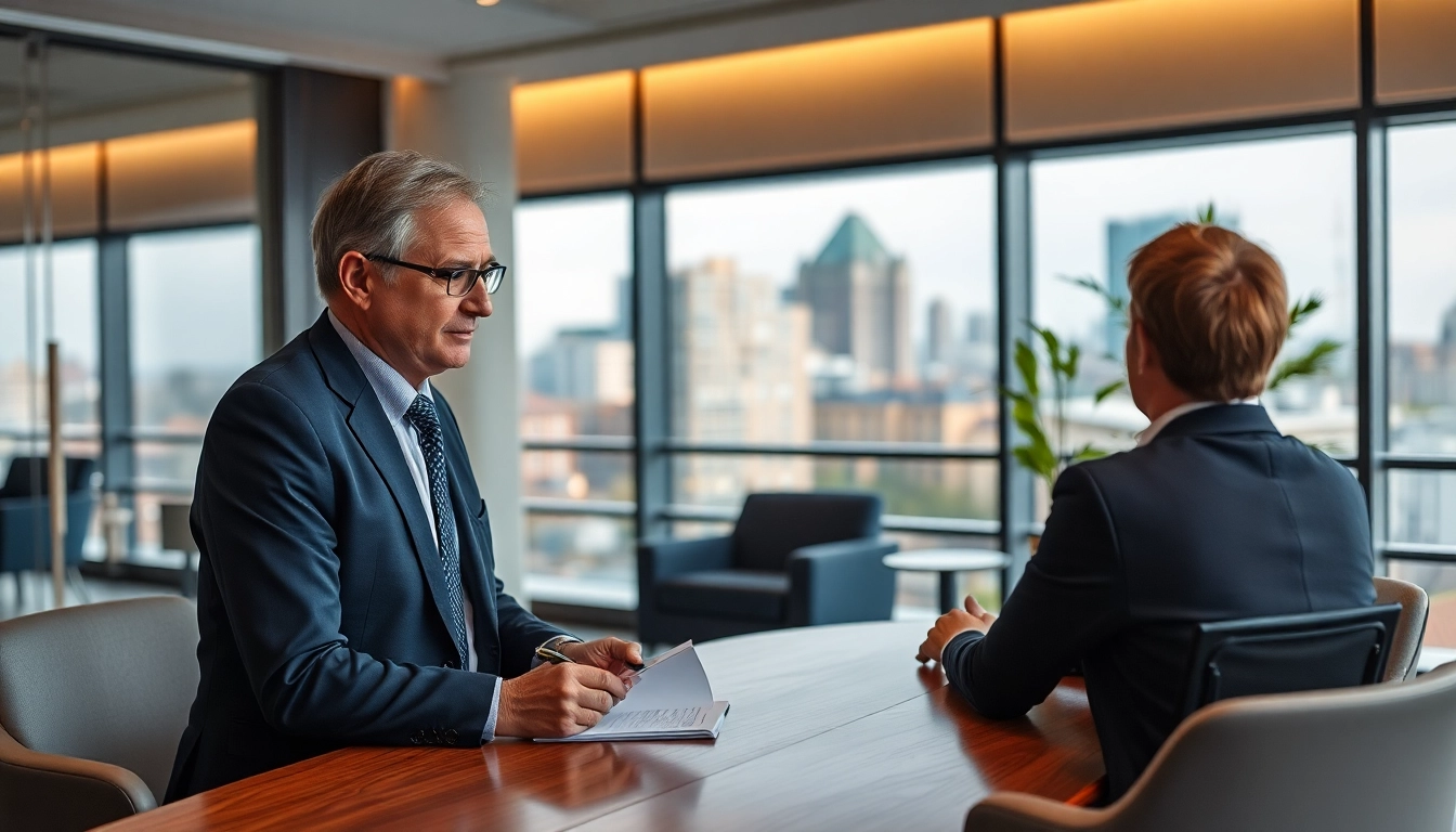 Headhunter Oberhausen interacts with a client in a modern office setting, showcasing professionalism and engagement.