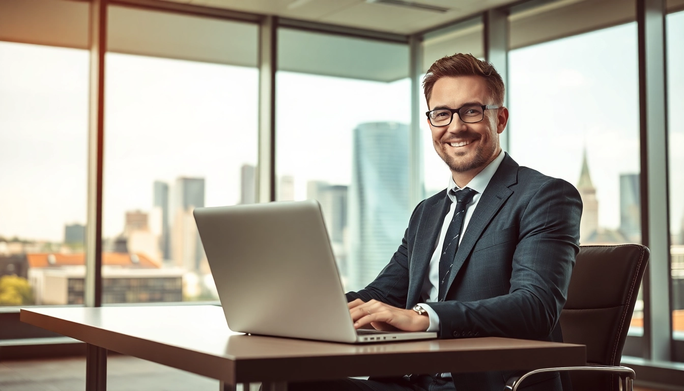 Professioneller Headhunter Frankfurt arbeitet engagiert im modernen Büro mit Skyline im Hintergrund.