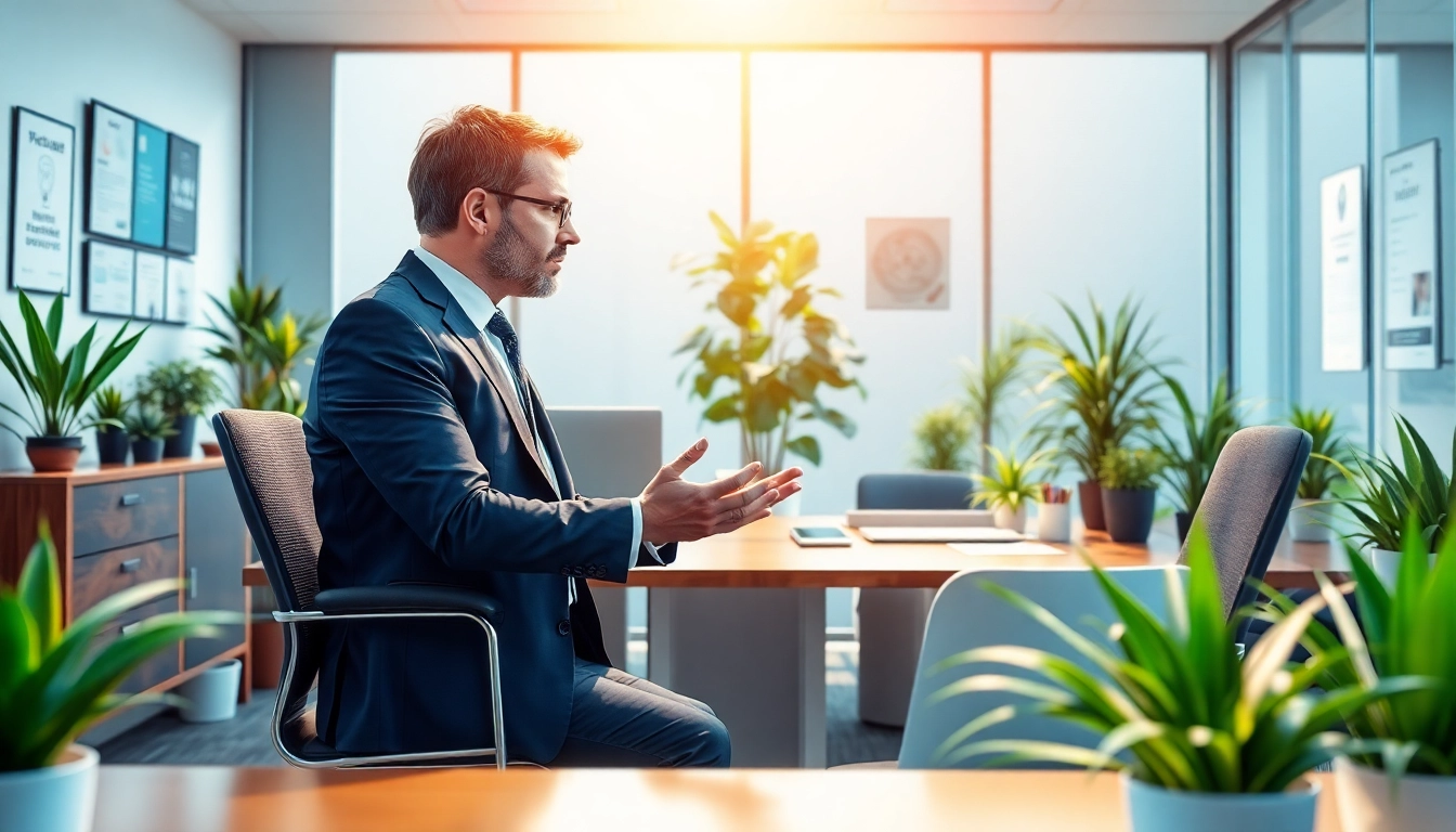Headhunter Kassel: Professional office scene with a headhunter interviewing a candidate, showcasing a warm and inviting atmosphere.