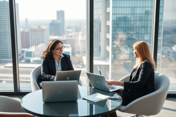 Die essentielle Personalvermittlung fĂŒr Unternehmen und Bewerber Visualisieren Sie professionelle FachkrĂ€fte, die ĂŒber Personalvermittlung in einem modernen BĂŒro diskutieren und Ideen austauschen.