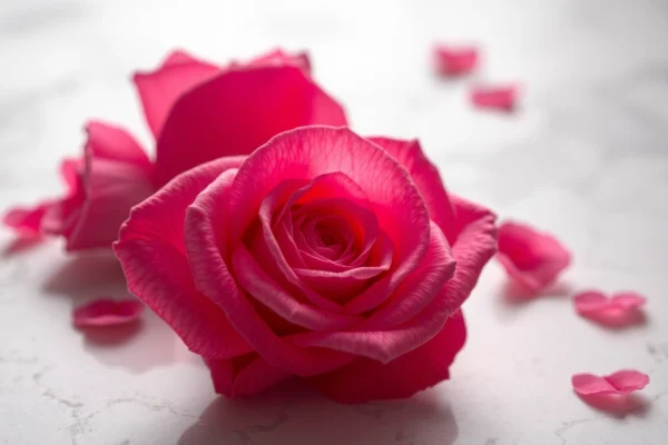Rosenquarz Bedeutung: Ein Herz aus Rosenquarz auf Marmor, das die spirituelle Energie und romantische Ausstrahlung zeigt.