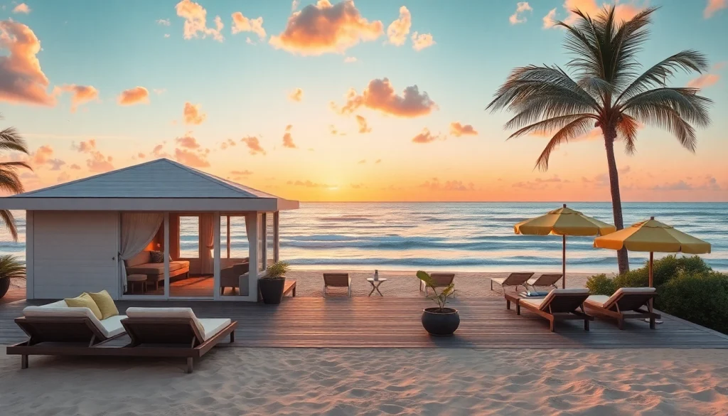 Küsten-Hütte (coastal cabana) mit luxuriösem Außenbereich, umgeben von Palmen am malerischen Strand.