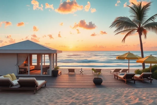 Küsten-Hütte (coastal cabana) mit luxuriösem Außenbereich, umgeben von Palmen am malerischen Strand.