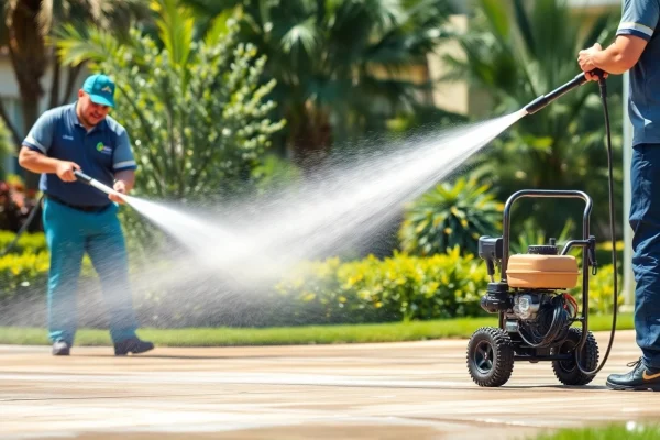 Driveway pressure wash in Kissimmee, showcasing professionals cleaning a concrete surface.