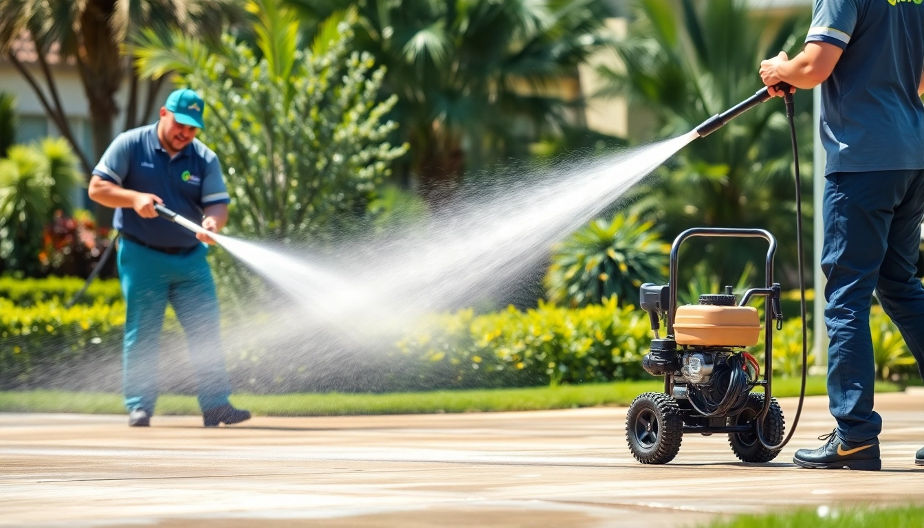 Driveway pressure wash in Kissimmee, showcasing professionals cleaning a concrete surface.
