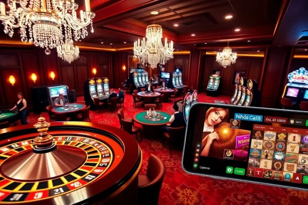 Engaging players at Nhà Cái S8 enjoy a vibrant casino scene with roulette and slot machines.