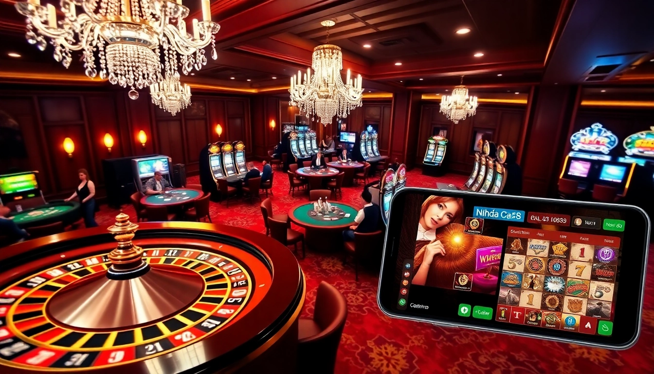 Engaging players at Nhà Cái S8 enjoy a vibrant casino scene with roulette and slot machines.