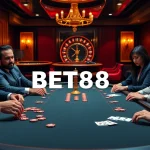 BET88 players strategizing around a luxurious poker table with vibrant chips and cards.