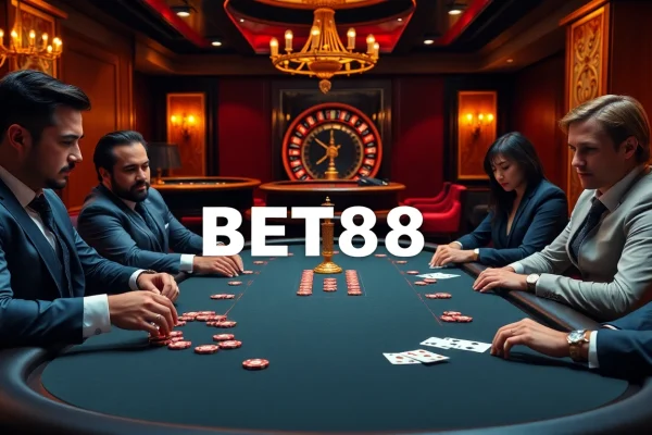 BET88 players strategizing around a luxurious poker table with vibrant chips and cards.