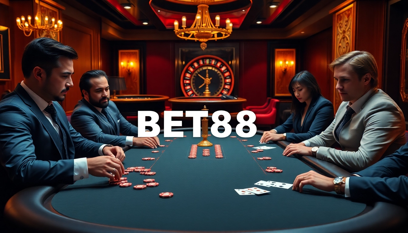 BET88 players strategizing around a luxurious poker table with vibrant chips and cards.