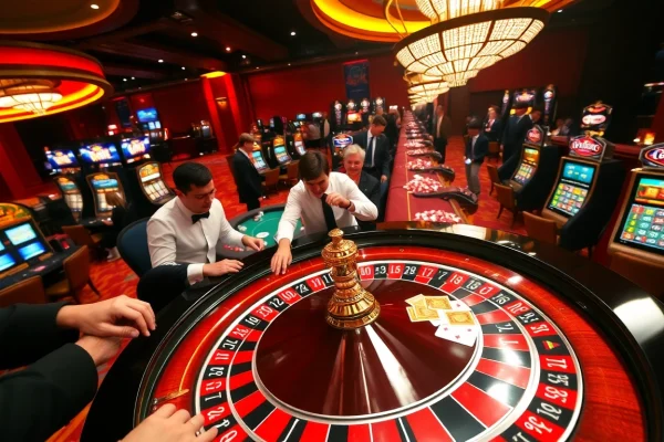 Exciting gameplay at tg88 game with players at a roulette table and vibrant casino atmosphere.