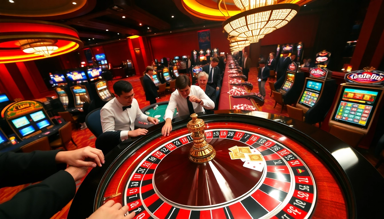 Exciting gameplay at tg88 game with players at a roulette table and vibrant casino atmosphere.