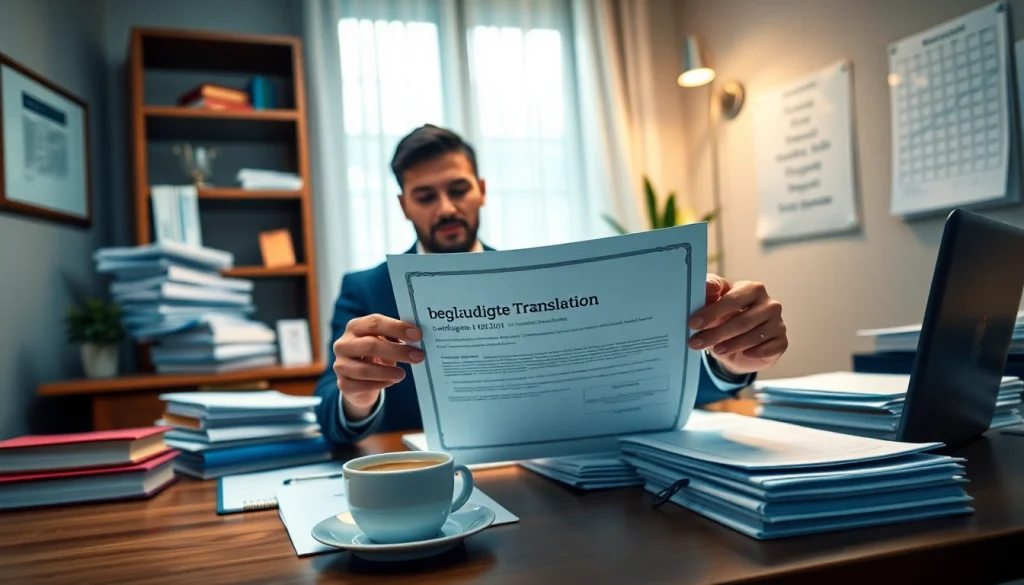 Professioneller Übersetzer prüft ein beglaubigtes Übersetzungsdokument und veranschaulicht das Konzept der beglaubigten Übersetzung.