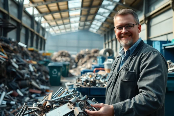 Professioneller Schrotthändler in Wuppertal sortiert Altmetall auf einem modernen Recyclinghof.