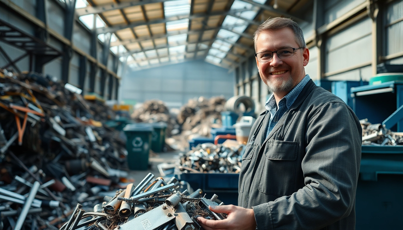 Professioneller Schrotthändler in Wuppertal sortiert Altmetall auf einem modernen Recyclinghof.