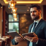 Headhunter Gastronomie in einem eleganten Restaurant, berät über Talente.