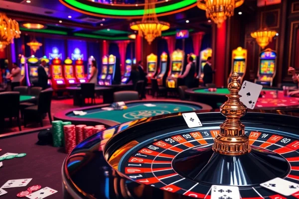 Cảnh casino hấp dẫn thể hiện trò chơi cược cao tại https://luck8.net với bàn chơi sống động và người chơi háo hức.