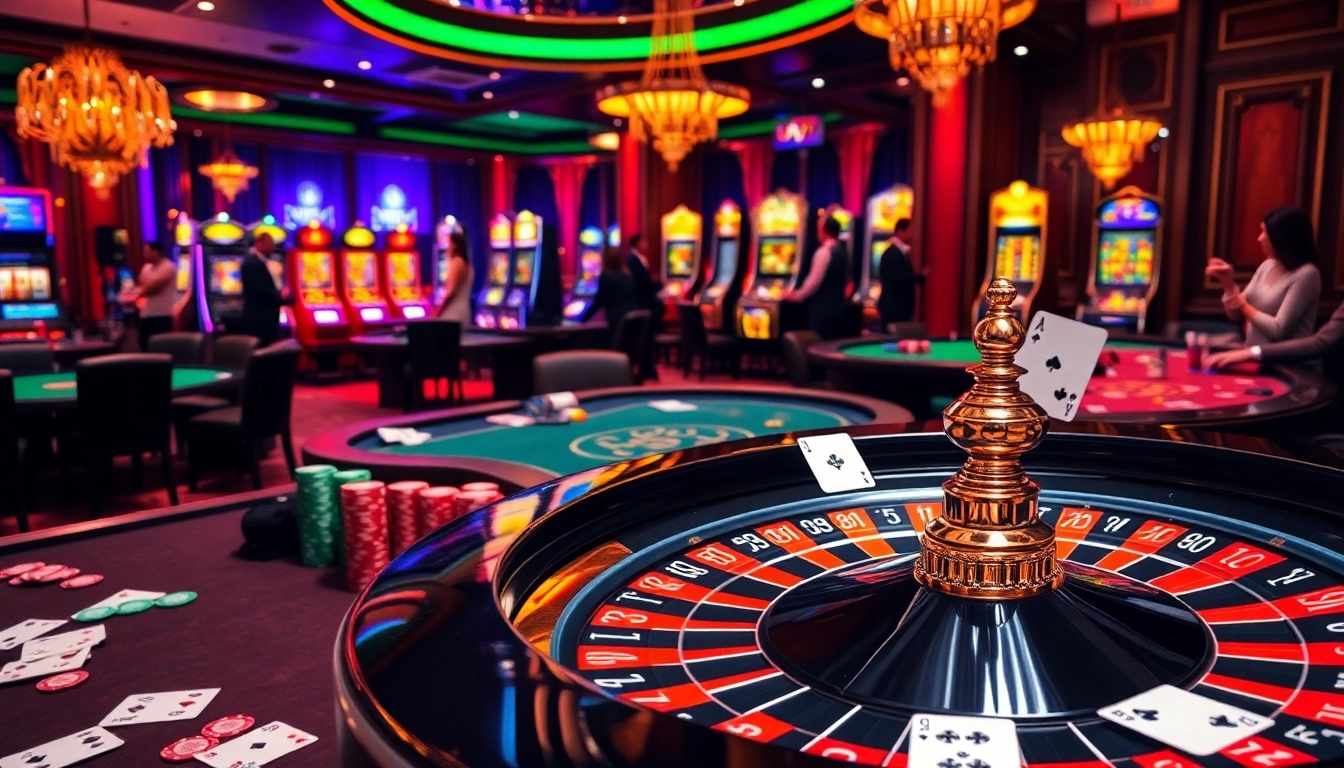 Cảnh casino hấp dẫn thể hiện trò chơi cược cao tại https://luck8.net với bàn chơi sống động và người chơi háo hức.