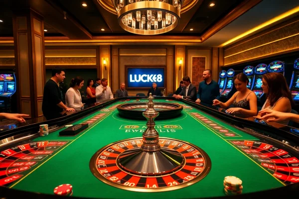 Trải nghiệm sự hứng khởi và sang trọng tại bàn casino LUCK8 với đầy chip poker và bánh xe roulette.