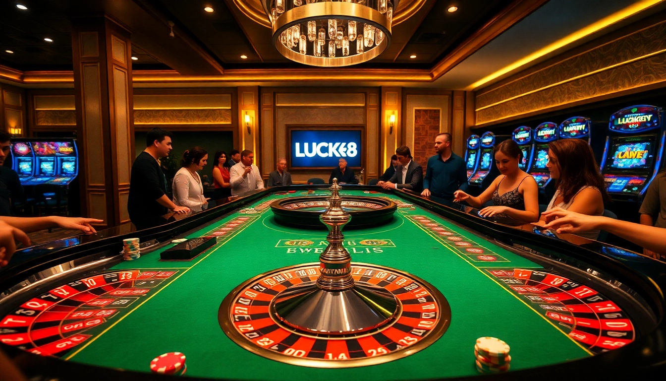 Trải nghiệm sự hứng khởi và sang trọng tại bàn casino LUCK8 với đầy chip poker và bánh xe roulette.