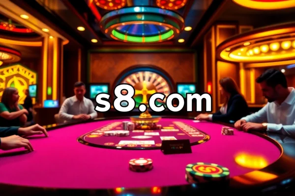 A dynamic gambling scene at s8.com featuring vibrant gaming elements, poker chips, and a roulette wheel.