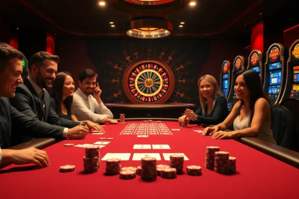 Người chơi tham gia một ván poker đầy kịch tính tại bàn casino sang trọng của LUCK8, cho thấy sự phấn khích và mức cược cao.
