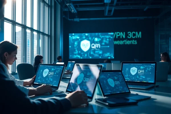 展示 QuickQ官网 VPN 在数字设备上的安全专业工作区，保障在线隐私。