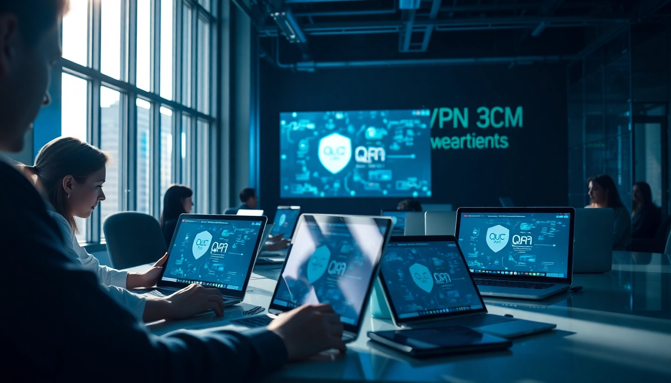 展示 QuickQ官网 VPN 在数字设备上的安全专业工作区，保障在线隐私。