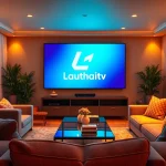 Explore Lauthaitv's vibrant streaming environment in a modern living room, showcasing comfort and entertainment.