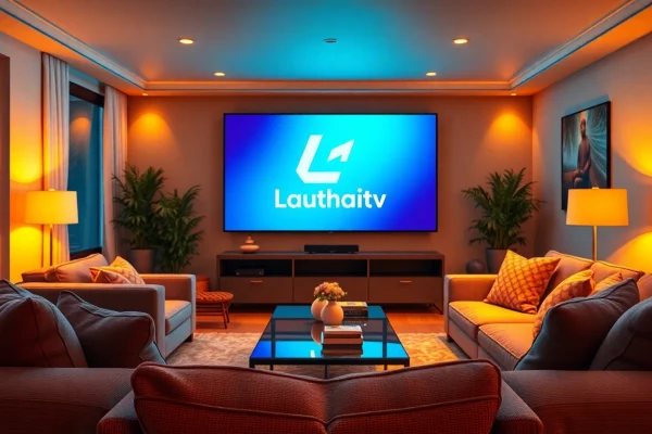 Explore Lauthaitv's vibrant streaming environment in a modern living room, showcasing comfort and entertainment.