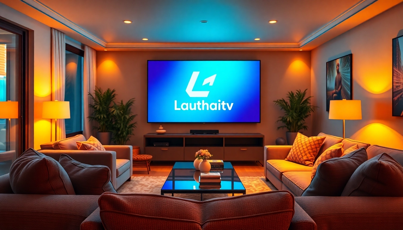 Explore Lauthaitv's vibrant streaming environment in a modern living room, showcasing comfort and entertainment.
