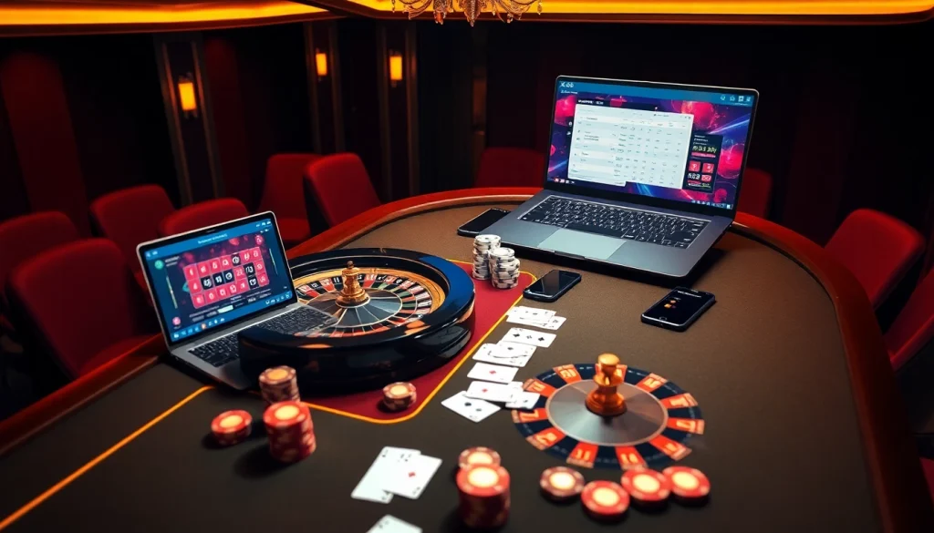 Engaging scene of a luxurious casino with XX88 COM site interface, evoking excitement and professionalism.
