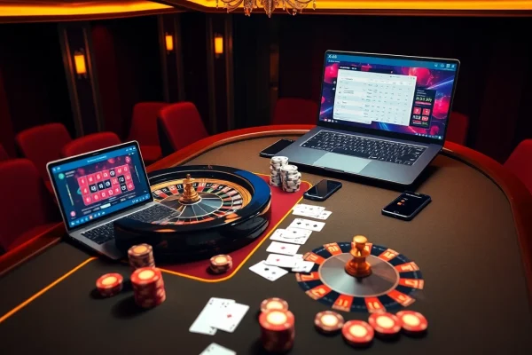 Engaging scene of a luxurious casino with XX88 COM site interface, evoking excitement and professionalism.