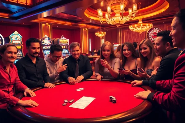 Players enjoying poker at a luxurious table inspired by https://gk88.city/ with vibrant casino elements and exciting gameplay.