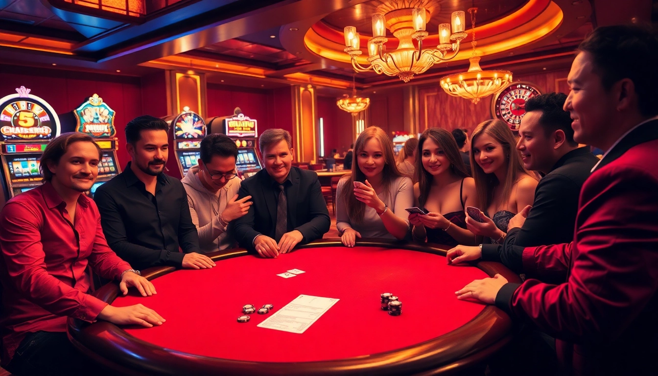 Players enjoying poker at a luxurious table inspired by https://gk88.city/ with vibrant casino elements and exciting gameplay.