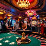 Exciting casino atmosphere showcasing MM88 COM's vibrant tables and slot machines, inviting players to engage.