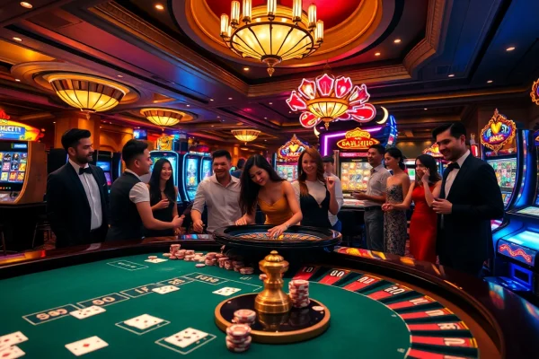 Exciting casino atmosphere showcasing MM88 COM's vibrant tables and slot machines, inviting players to engage.