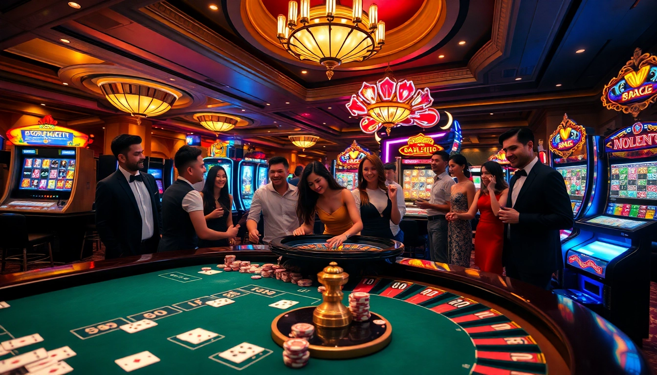 Exciting casino atmosphere showcasing MM88 COM's vibrant tables and slot machines, inviting players to engage.