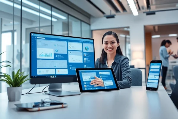 未来感工作空间，展示美洽官网智能客服平台在多设备上的应用。