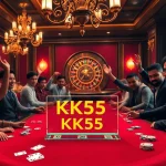 A lively poker table scene showcasing excitement and the keyword KK55 in a luxurious casino environment.