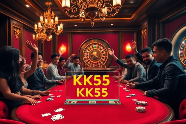 A lively poker table scene showcasing excitement and the keyword KK55 in a luxurious casino environment.