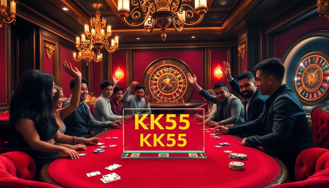 A lively poker table scene showcasing excitement and the keyword KK55 in a luxurious casino environment.
