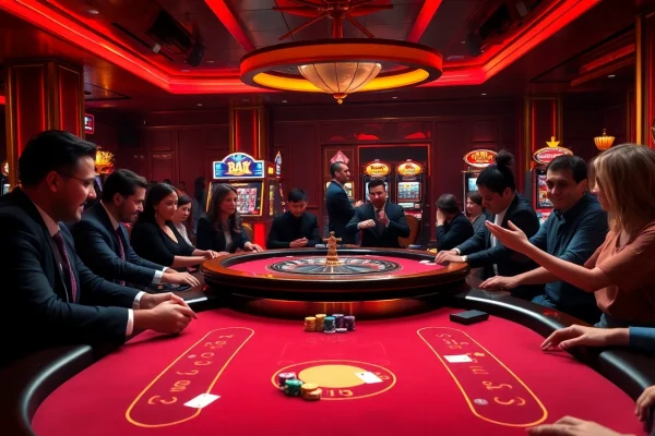 Engaging in a B52 poker game at a luxurious casino table surrounded by vibrant colors.