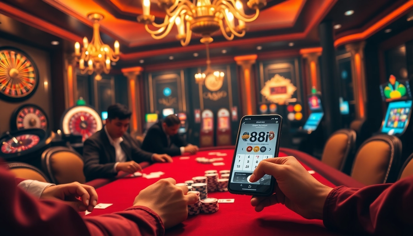 Engaged players enjoying a high-stakes poker game at 88i nhà cái casino, showcasing luxury and excitement.